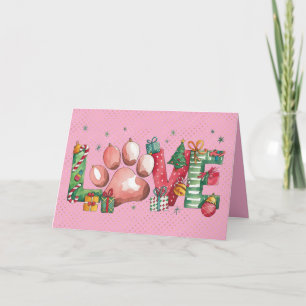 Holiday Love Pet Paw Merry Christmas Card Pink