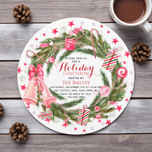 Holiday Luncheon Elegant Christmas Floral Wreath Invitation