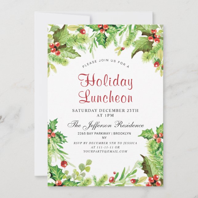Holiday Luncheon Red Holly Berry  Christmas Invitation (Front)