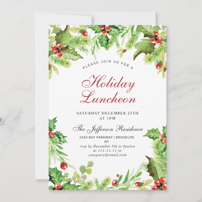 Holiday Luncheon Red Holly Berry  Christmas Invitation (Front)