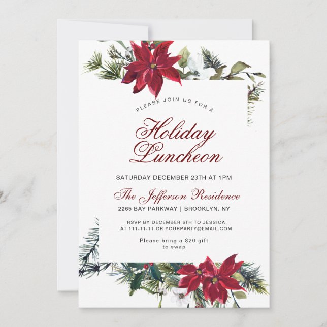 Holiday Luncheon Red Poinsettia Floral Christmas Invitation (Front)