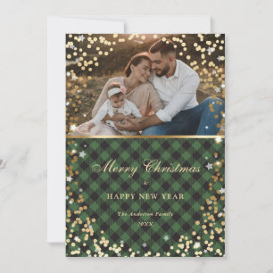Holiday Magic Green Gold Plaid Photo Card