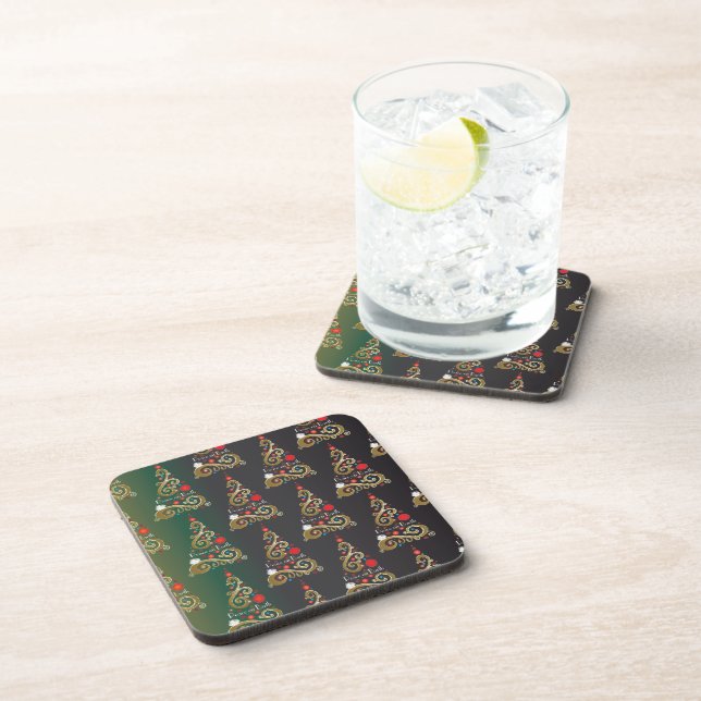 Holiday matte green gold Christmas tree pattern Coaster (Right Side)