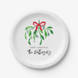 Holiday Mistletoe Name Festive Red Green Fun Paper Plate
