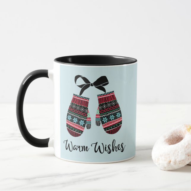 Holiday Mittens Warm Wishes Christmas Coffee Mug (With Donut)