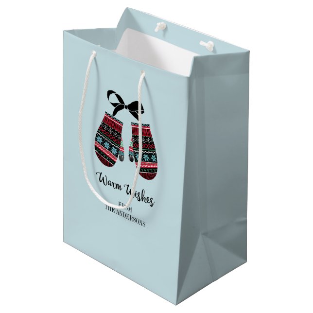 Holiday Mittens Warm Wishes Christmas Gift Bag (Front Angled)