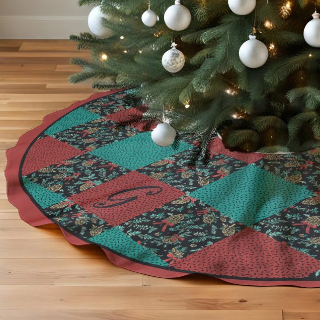 Holiday Monogram Black Chequered Pine Cone Ribbon Faux Linen Tree Skirt (Festive monogrammed checkered tree skirt in black red & green with pinecones ribbons and sprinkles)