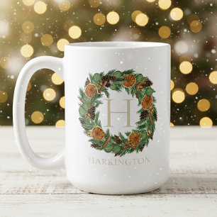 Holiday Monogram Elegant Dried Orange Pine Wreath Coffee Mug