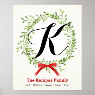 Holiday Monogram Family Print, Mistletoe Wreath Poster