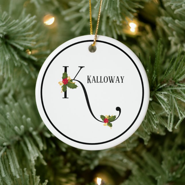 Holiday Monogram Letter K Personalized Ceramic Ornament (Tree)