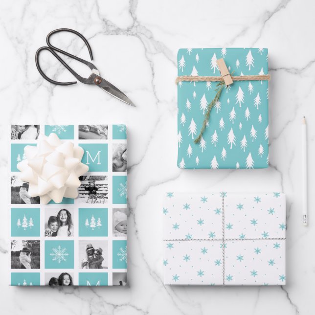 Holiday Monogram Photo Collage Wrapping Paper Sheet (Front)