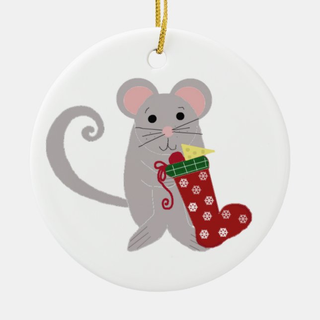 Holiday Mouse with Red Stocking Ceramic Tree Decoration (Front)
