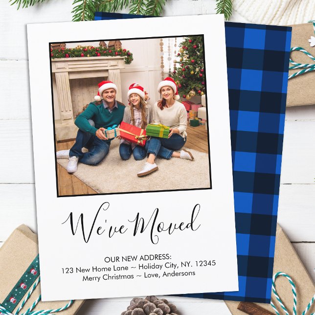 Holiday Moving We've Moved Plaid Simple Photo Card (Creator Uploaded)