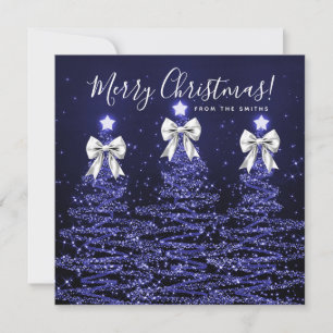 Holiday Navy Blue Christmas Trees Greeting Silver 