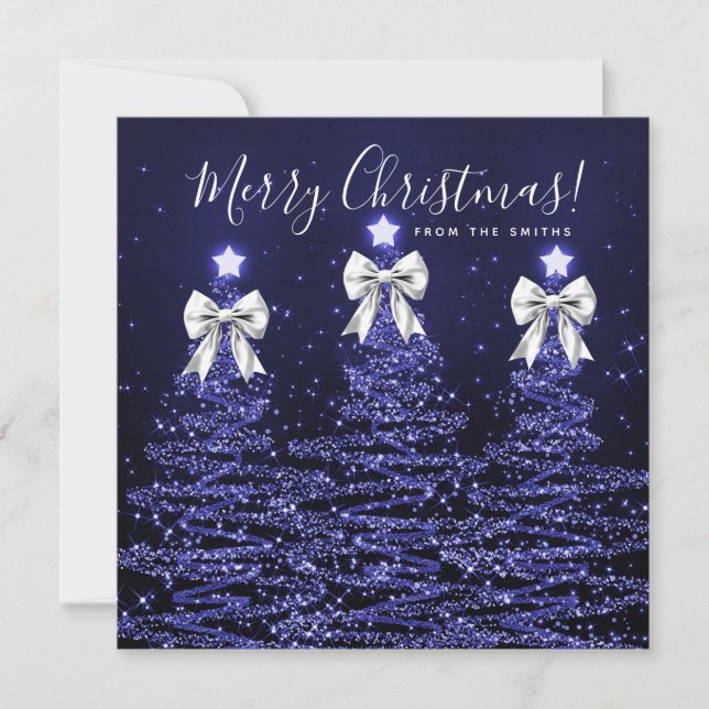 Holiday Navy Blue Christmas Trees Greeting Silver  (Front)