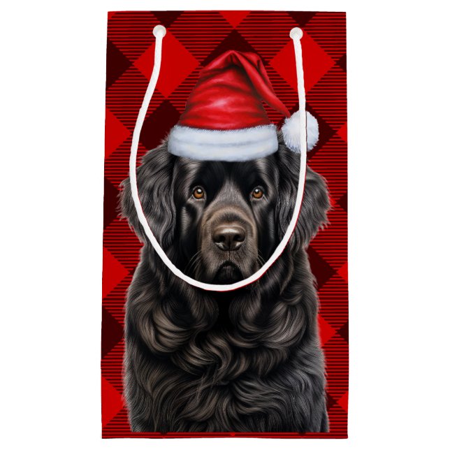 Holiday Newfoundland Dog Fun Red Plaid Christmas Small Gift Bag (Front)