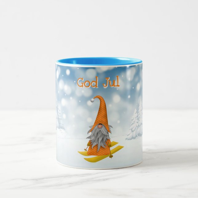 Holiday | Nisse skiing woodland snow orange Two-Tone Coffee Mug (Center)
