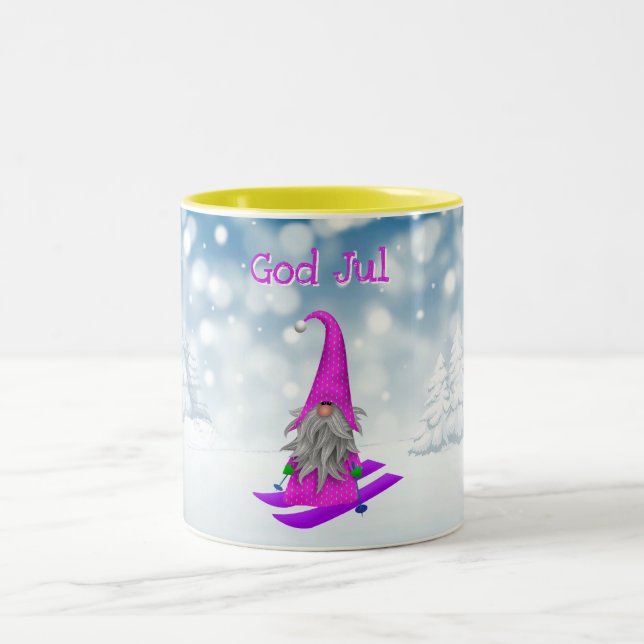 Holiday | Nisse skiing woodland snow pink Two-Tone Coffee Mug (Center)