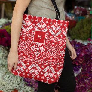 Holiday Nordic Sweater Pattern Monogram Tote Bag