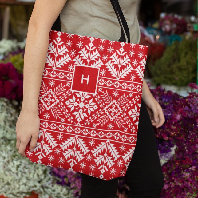 Holiday Nordic Sweater Pattern Monogram Tote Bag (Creator Uploaded)