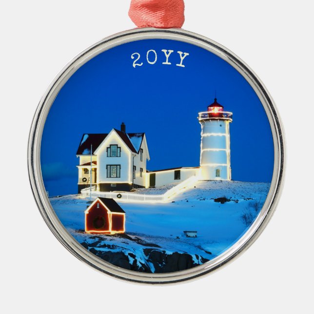 Holiday Nubble Lighthouse Metal Ornament (Front)
