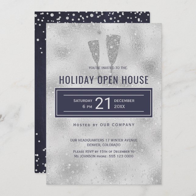 Holiday Open House Elegant Silver Navy Corporate Invitation (Front/Back)
