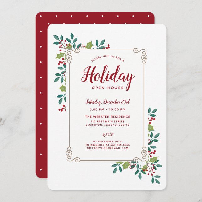Holiday Open House Festive Floral Frame Invitation (Front/Back)