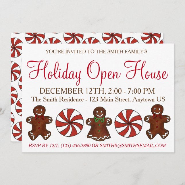 Holiday Open House Gingerbread Cookie Peppermint Invitation (Front/Back)