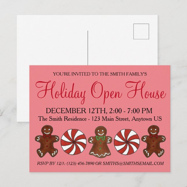 Holiday Open House Gingerbread Cookie Peppermint  Invitation Postcard (Front/Back)