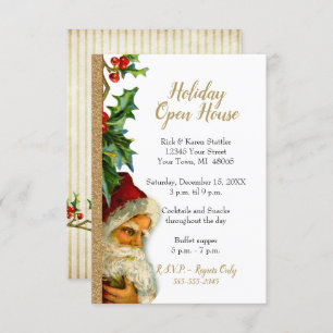 Holiday Open House Gold Glitter Santa Holly Invitation