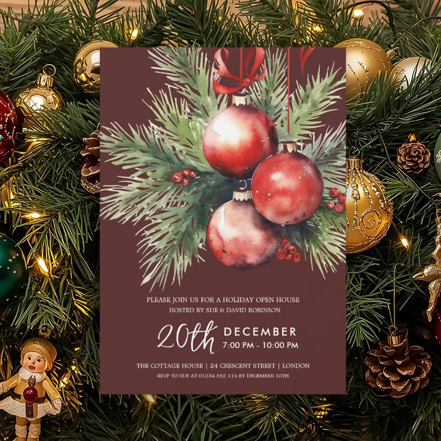 Holiday Open House Hand Painted Baubles Burgundy  Invitation (Creator Uploaded)
