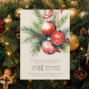 Holiday Open House Hand Painted Baubles Champagne  Invitation