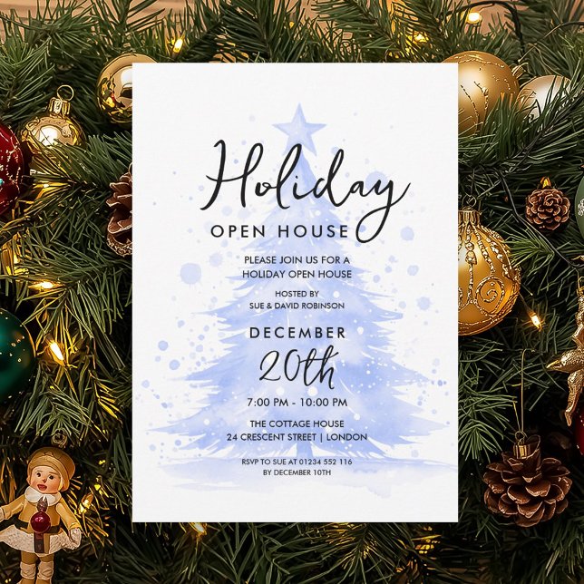 Holiday Open House Navy Hand Painted Tree Invitation (Holiday Open House Navy Hand Painted Tree Invitation)