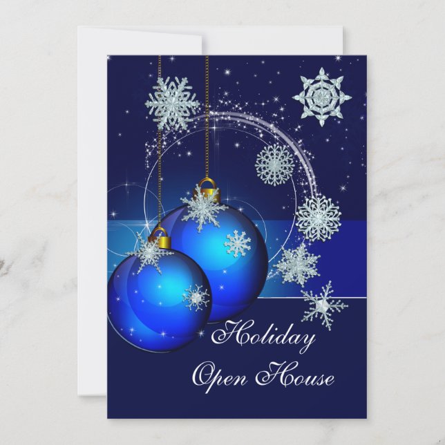 Holiday Open House Party Invitation ornaments Blue (Front)