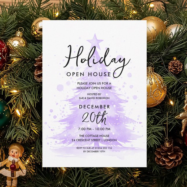 Holiday Open House Purple Hand Painted Tree Invitation (Holiday Open House Purple Hand Painted Tree Invitation)