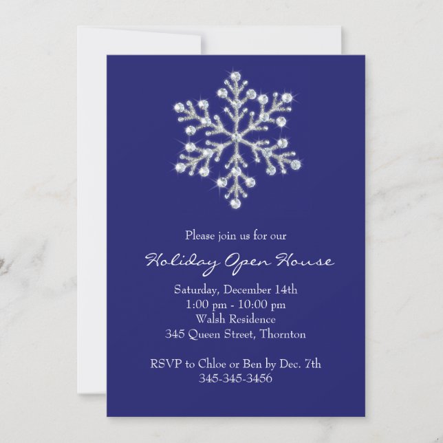 Holiday Open House with Crystal Snowflake - blue Invitation (Front)
