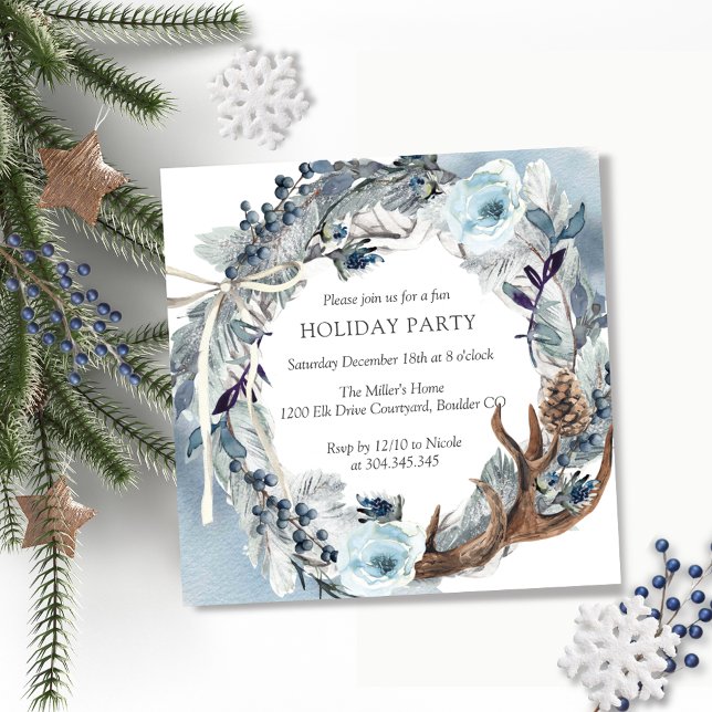 Holiday or Christmas Party, Rustic Blue Wreath Invitation (Creator Uploaded)