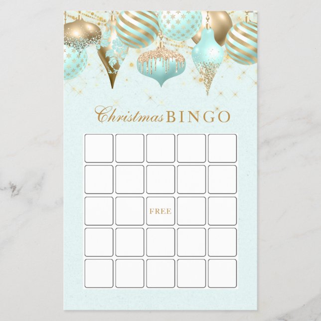 Holiday Ornament Christmas Bingo Game Aqua Flyer (Front)