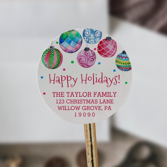 Holiday Ornament Christmas Return Address Classic Round Sticker (Creator Uploaded)