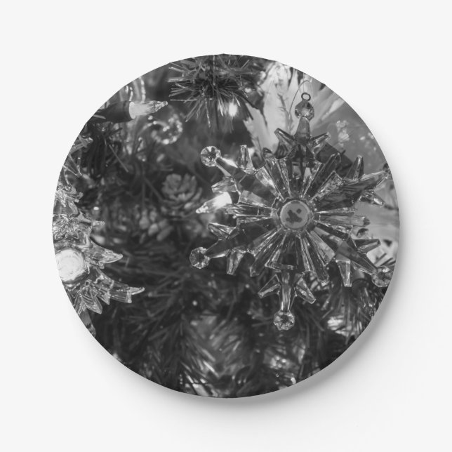 Holiday Ornaments Grayscale Paper Plate (Front)