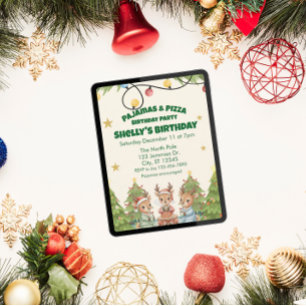 Holiday Pajama Pizza Birthday Party, reindeer Invitation