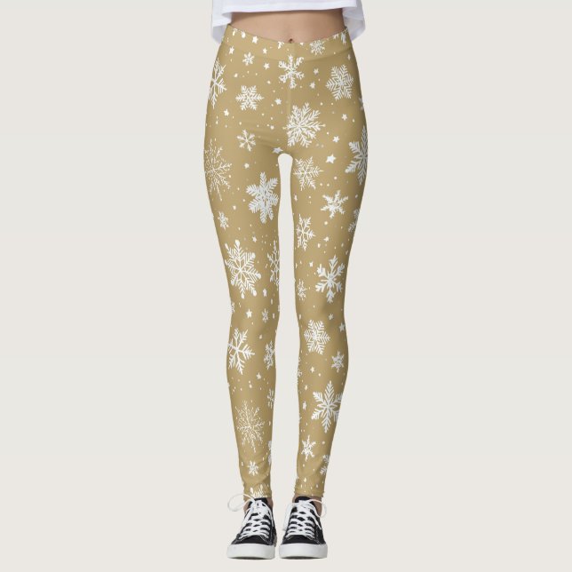Holiday Pale Gold and White Snowflakes Leggings (Front)