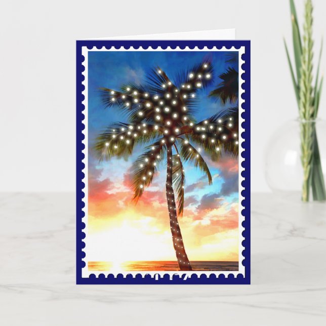 Holiday Palm Tree Lights at Sunset Card (Front)