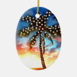 Holiday Palm Tree Lights at Sunset Ceramic Ornament
