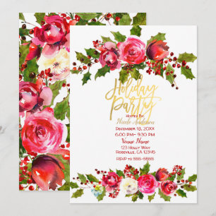 HOLIDAY PARTY Christmas Festive Holly Berry Floral Invitation