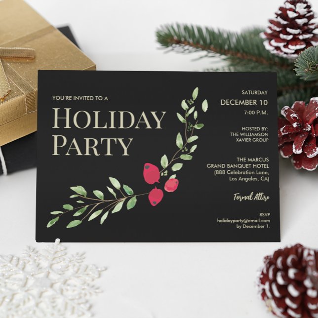 Holiday Party Christmas Red Holly Corporate Party Invitation (holiday party elegant holly office party invite.)