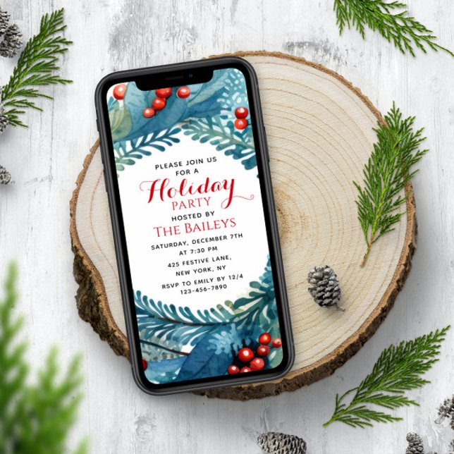 Holiday Party Elegant Christmas Floral Wreath Invitation (Creator Uploaded)