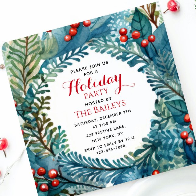 Holiday Party Elegant Christmas Floral Wreath Invitation (Creator Uploaded)