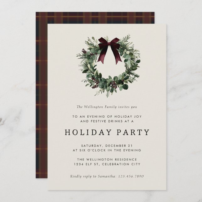Holiday Party Festive Christmas Wreath Ribbon Invitation (Front/Back)