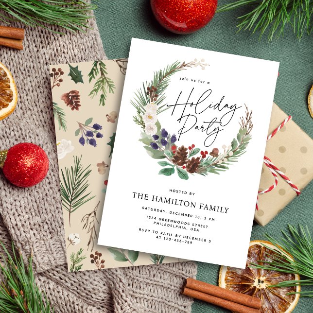 Holiday Party Foliage Wreath Modern Minimalist Invitation (Creator Uploaded)